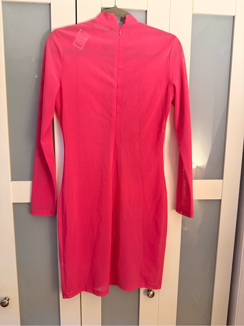Hot Pink Mesh Bodycon Dress | Long Sleeve Mock Neck - Picture 3 of 4